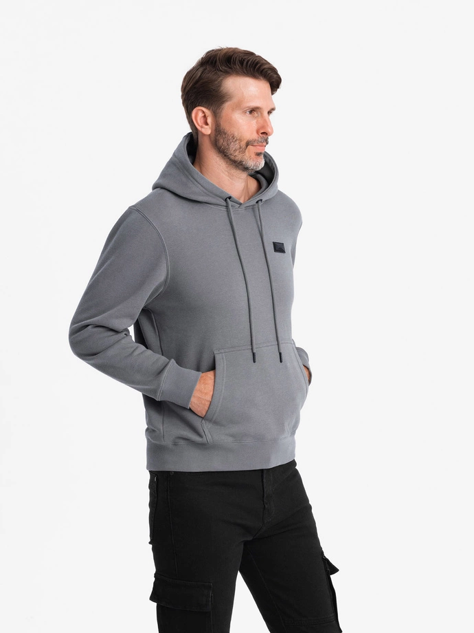 Men's kangaroo sweatshirt with hood and metal pin - grey V1 OM-SSNZ-0141