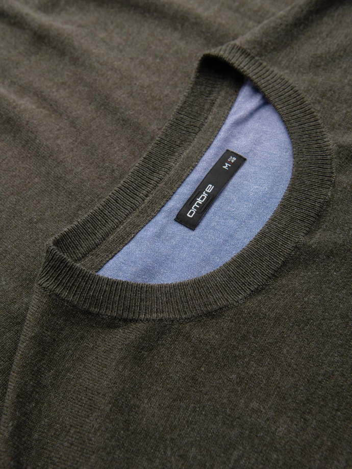 Pánský viskózový svetr BASIC classic s kulatým výstřihem - olivový melír V17 OM-SWBS-0106