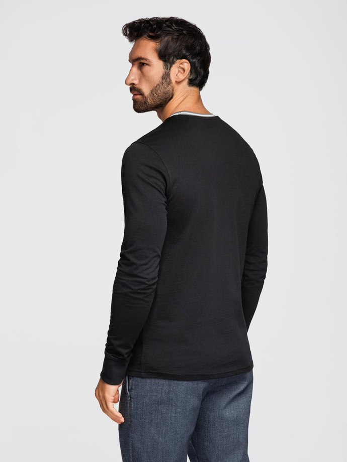 Men's cotton longsleeve with striped U neckline and embroidery - black V4 OM-LSCL-0128