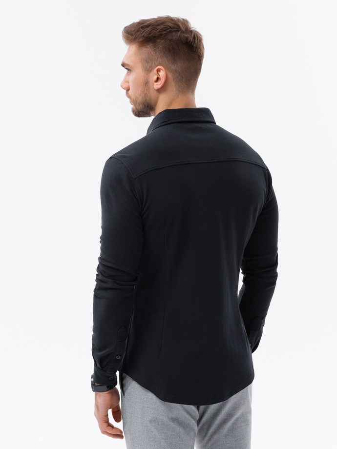 Cămașă cu mânecă lungă SLIM FIT tricotată pentru bărbați - negru V4 OM-SHCS-0177