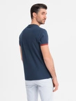 Men's T-shirt with contrasting inserts and v-neck - navy blue V1 OM-TSCT-0198