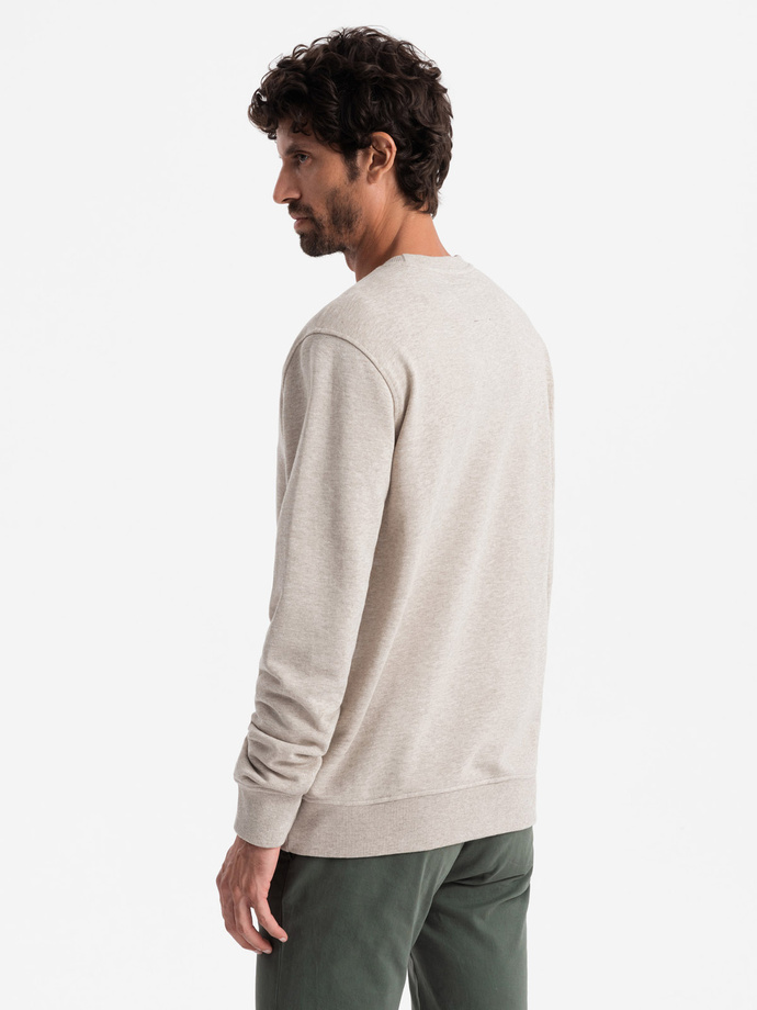 Pánská melanžová mikina s vyšitým logem - béžová V2 OM-SSNZ-0163