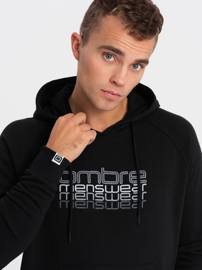 Men's non-stretch hooded sweatshirt with print - black V3 OM-SSPS-0153