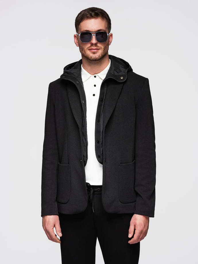 Men's jacket with high collar and hood - black V2 OM-BLZB-0133
