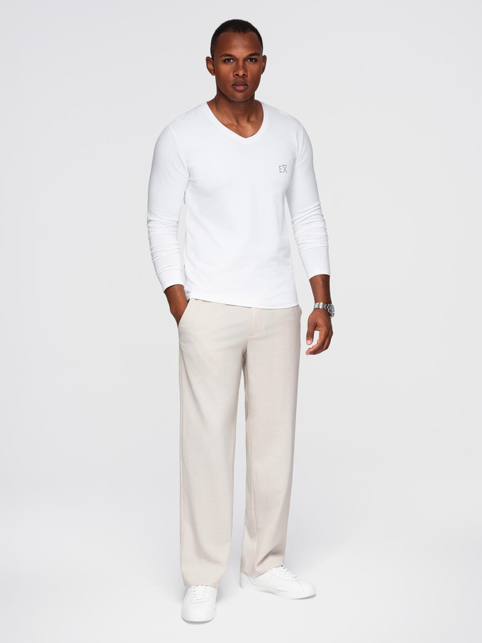 Pánské tričko SLIM FIT s dlouhým rukávem do V s elastanem a potiskem - bílé V2 OM-LSBC-0123