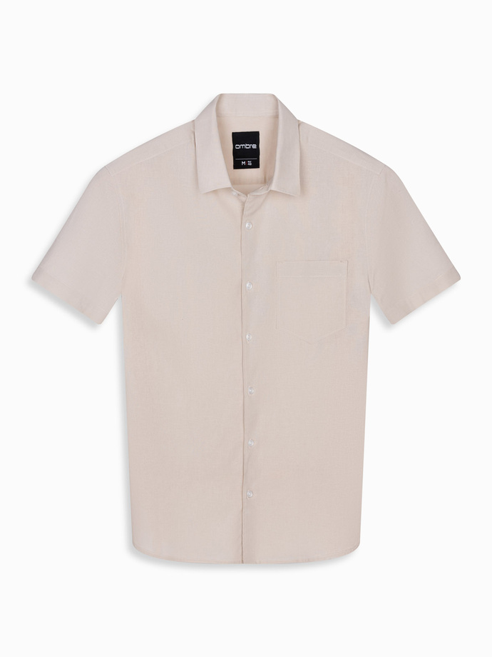 Men's short-sleeved linen-cotton shirt with pocket - beige V4 OM-SHSS-0167