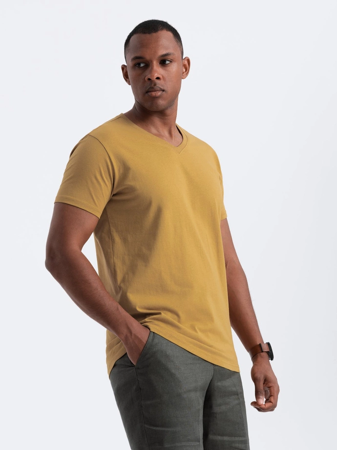 Tricou clasic din bumbac pentru bărbați BASIC cu decolteu tip echipaj - muștar V8 OM-TSBS-0145