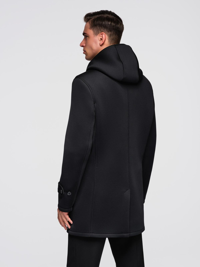 Pánsky minimalistický kabát strednej dĺžky s kapucňou - čierny V4 OM-COLC-0144