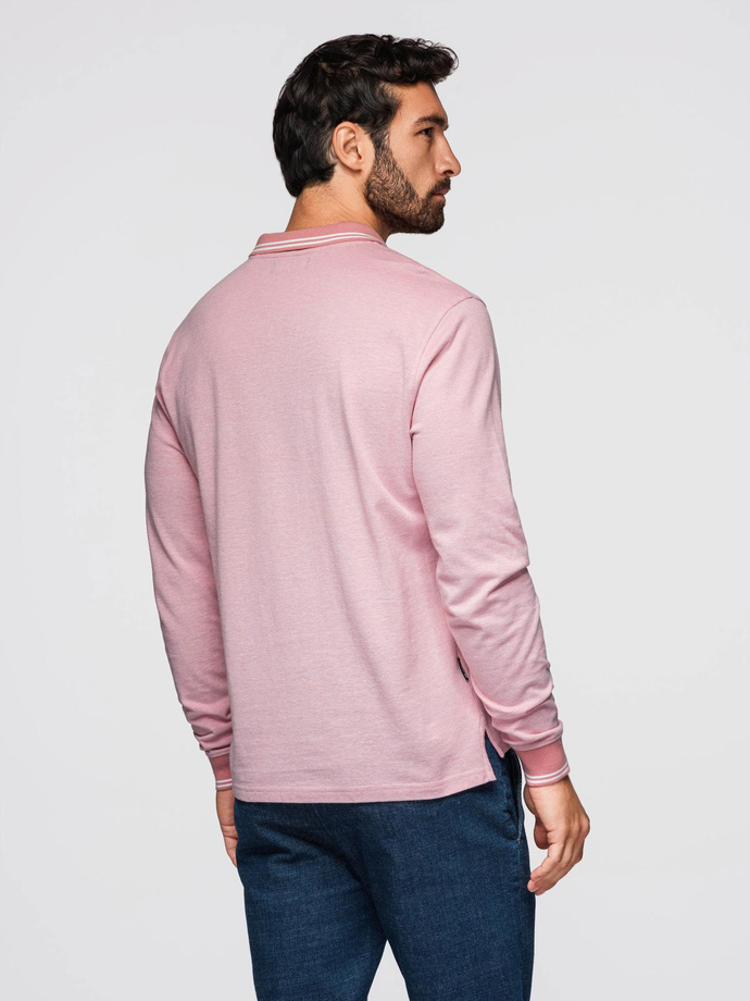 Polo bărbați melange cu mânecă lungă și broderie - roz melange V2 OM-POLS-0129