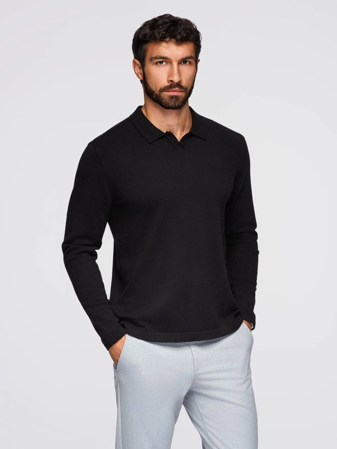 Polo bărbătesc structurat cu mânecă lungă și patch-uri - negru V1 OM-POLS-0131