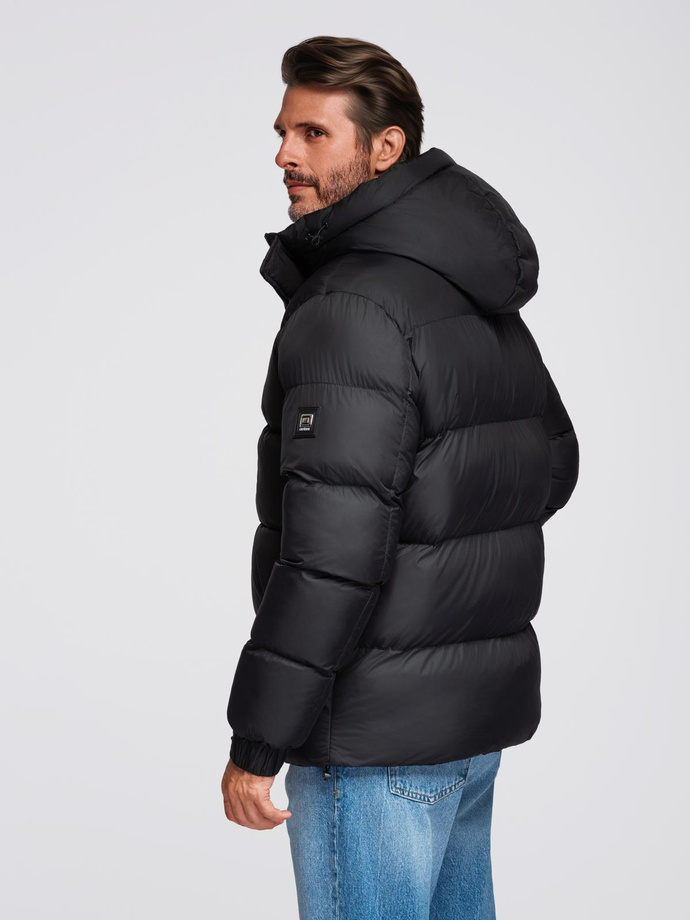 Men's quilted jacket with high zipped hood - black V1 OM-JAHP-0238