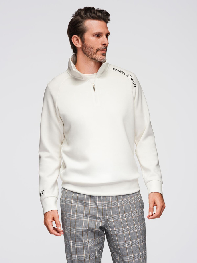 Men's sweatshirt with unbuttoned high collar and contrasting print - ecru V2 OM-SSZP-0211