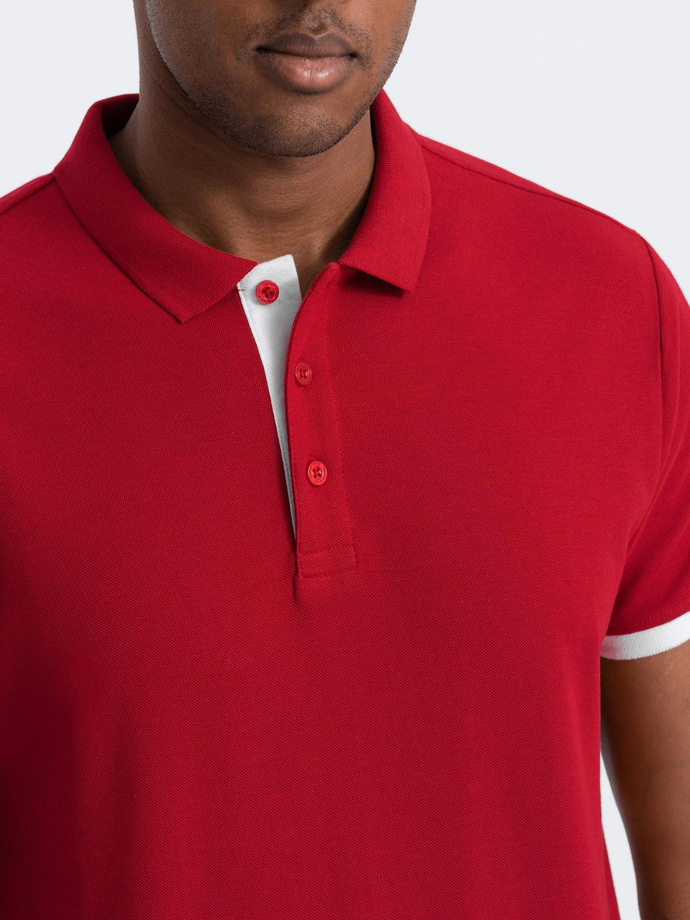 Men's cotton polo shirt with contrast trim - red V2 OM-POSS-0113