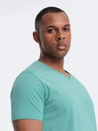 Tricou cu guler în V din bumbac clasic BASIC pentru bărbați - turcoaz V15 OM-TSBS-0145