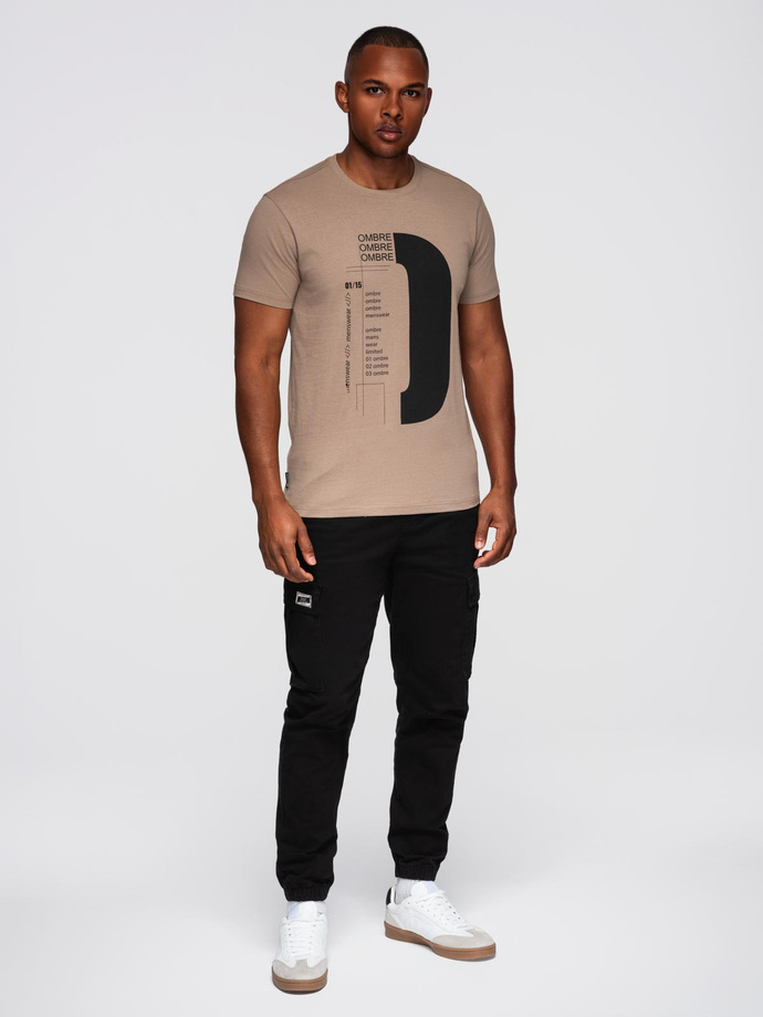 Tricou bărbătesc din bumbac imprimat - maro deschis V2 OM-TSPT-0166