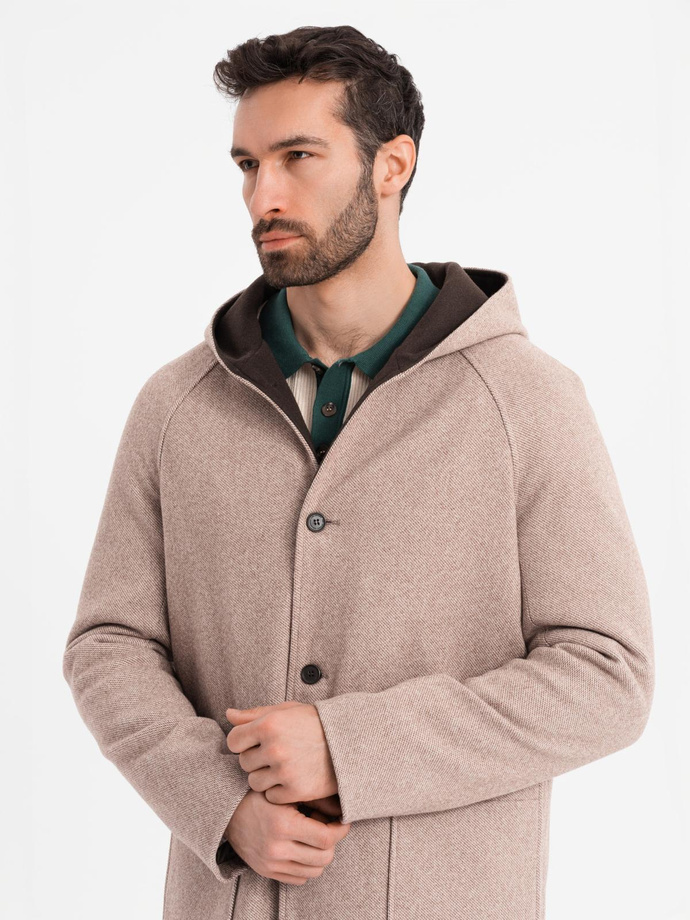 Vyriškas melanžinis ilgas paltas su gobtuvu - smėlio spalvos V2 OM-COWC-0122