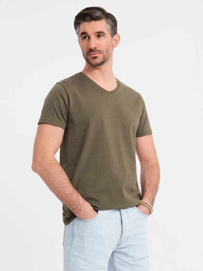 Men's BASIC classic cotton T-shirt with a serape neckline - dark olive V6 OM-TSBS-0237