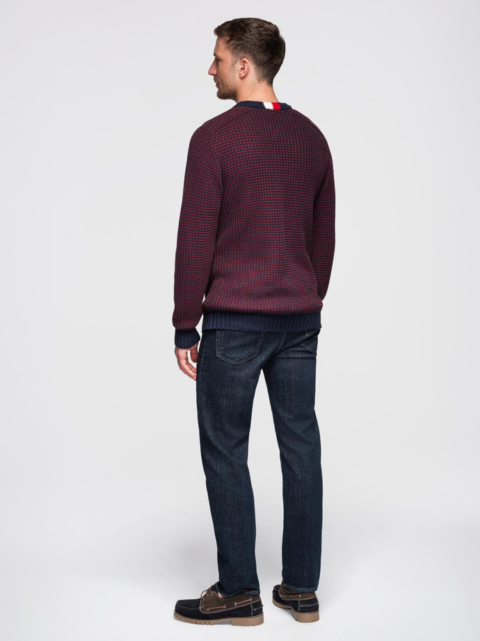 Men's contrast weave sweater with round neckline - maroon V1 OM-SWSW-0122