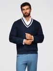 Men's plaid sweater with crew neckline - navy blue V2 OM-SWSW-0151
