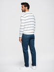 Men's horizontal striped polo longsleeve with viscose - white and navy blue V2 OM-POLS-0146