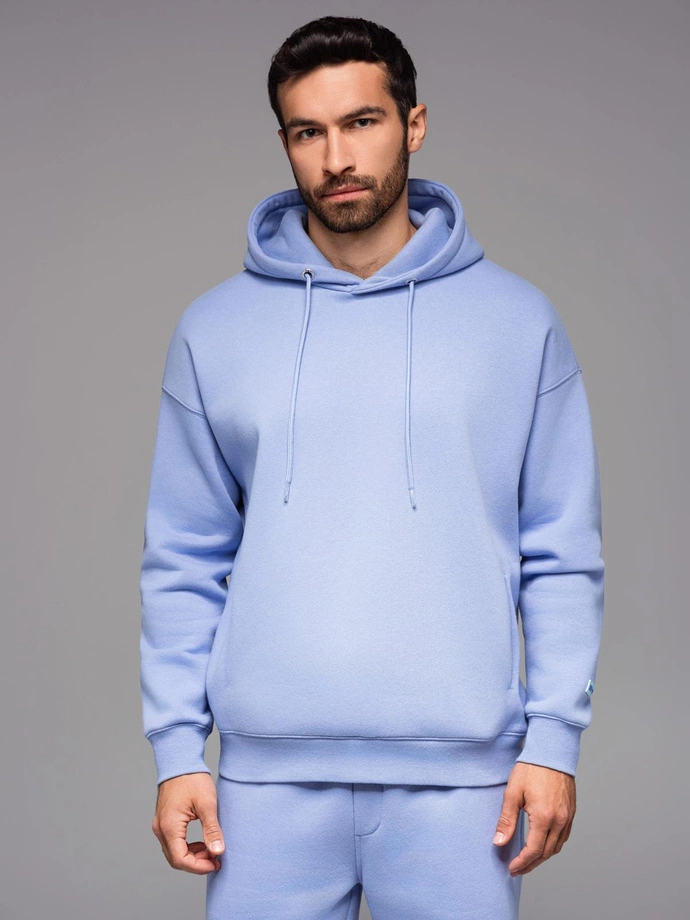 Hanorac bărbătesc spălat cu cusături decorative la gât - albastru deschis V3 OM-SSDS-0131