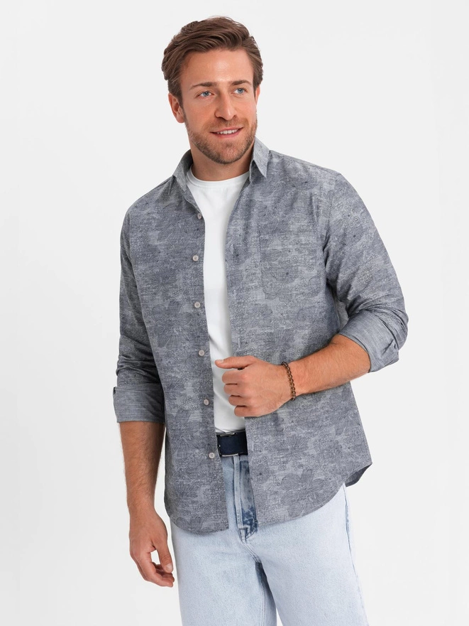 Cămașă bărbătească clasică din flanelă de bumbac cu carouri - gri V3 OM-SHCS-0157