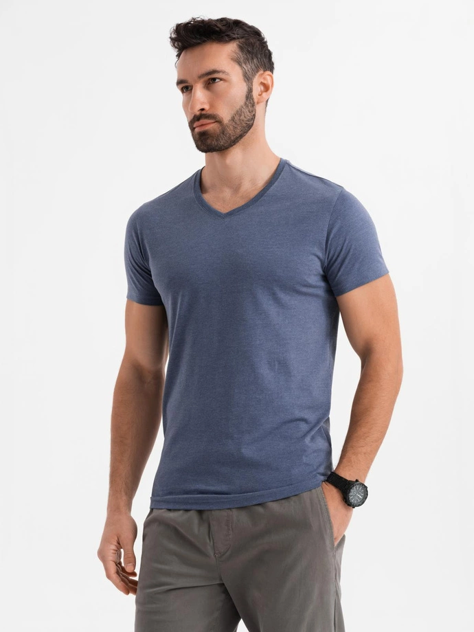 Bumbac clasic pentru bărbați BASIC tricou cu guler în V - maro V10 OM-TSBS-0145
