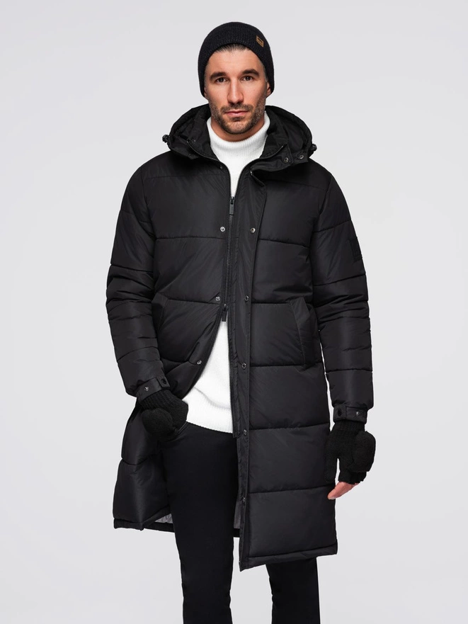 Men's quilted long jacket with detachable hood - black V1 OM-JALJ-0190