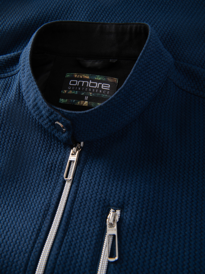 Structured men's biker jacket with stand-up collar - dark blue V1 OM-JANP-0229