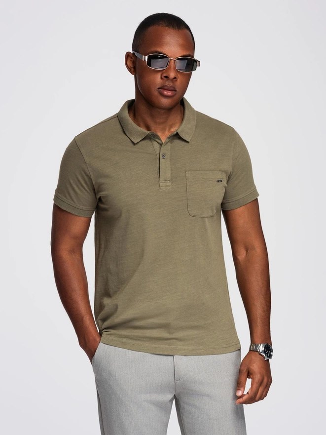 Men's polo t-shirt with decorative buttons - dark olive V5 S1744
