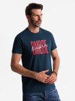 Tricou bărbătesc din bumbac cu logo dublu - albastru marin V3 OM-TSPT-0210 