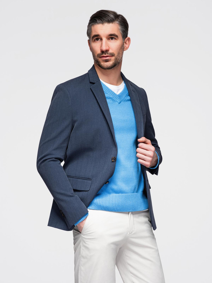 Elegant men's SLIM FIT jacket with rayon - dark blue V3 OM-BLZB-0135