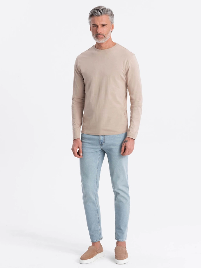 Pánské tričko BASIC s dlouhým rukávem a kulatým výstřihem - béžové V8 OM-LSBL-0106