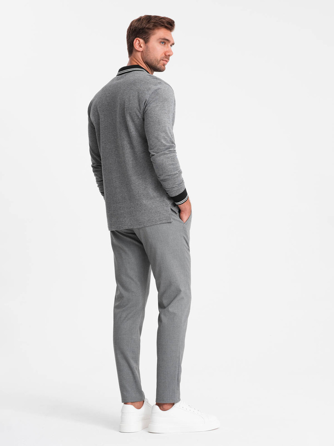 Polo bărbați melange cu mânecă lungă cu broderie - negru melange V1 OM-POLS-0129