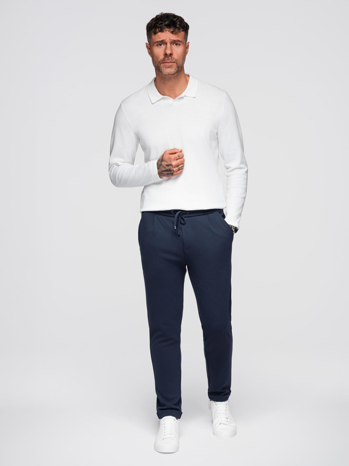 Men's pique knit pants with adjustable waistband - navy blue V1 OM-PACP-0283