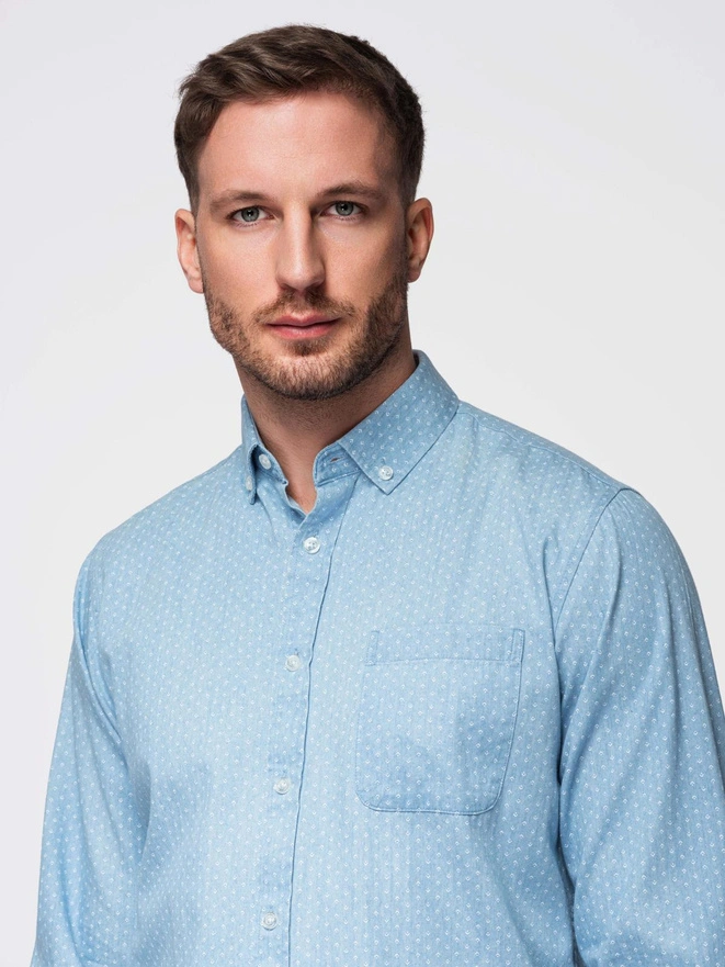 Men's patterned thin denim shirt with pocket - light blue V1 OM-SHDS-0179