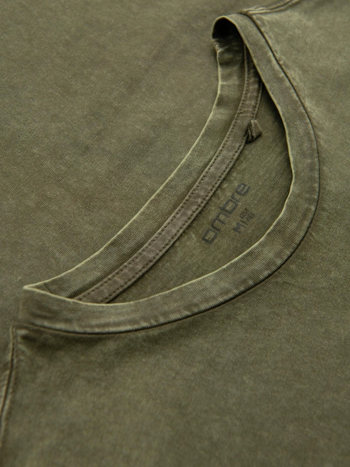 Vyriški marškinėliai su skalbimo efektu - alyvuogių spalvos V4 OM-TSWT-0116