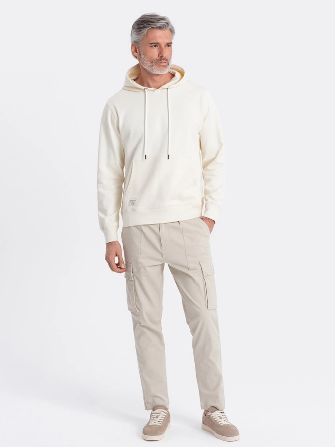 Men's kangaroo hooded sweatshirt - cream V11 OM-SSBN-0177