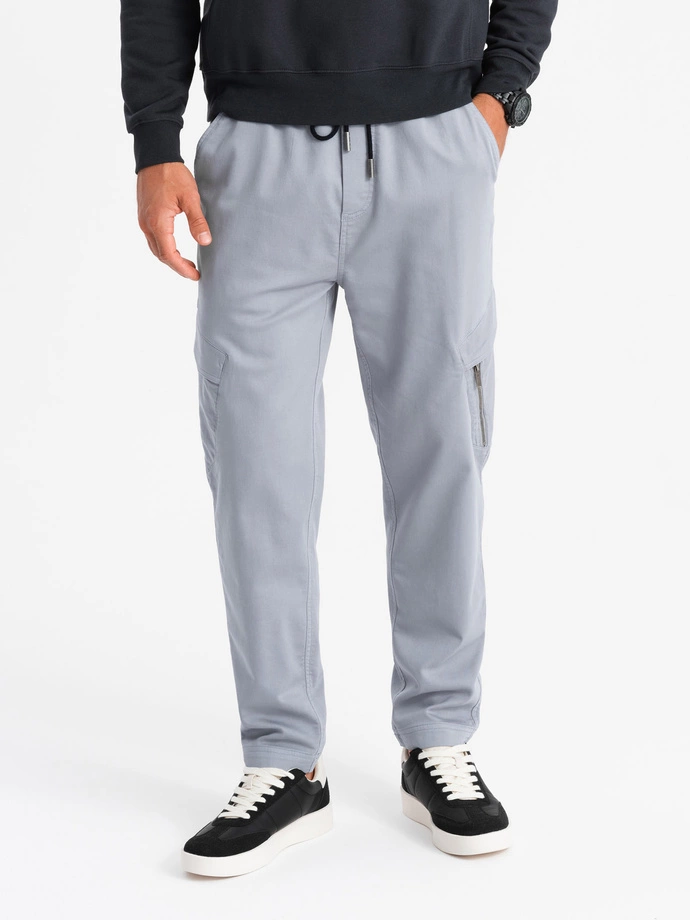 Men's knitted joggers with cargo pockets - light grey V4 OM-PAJO-0199