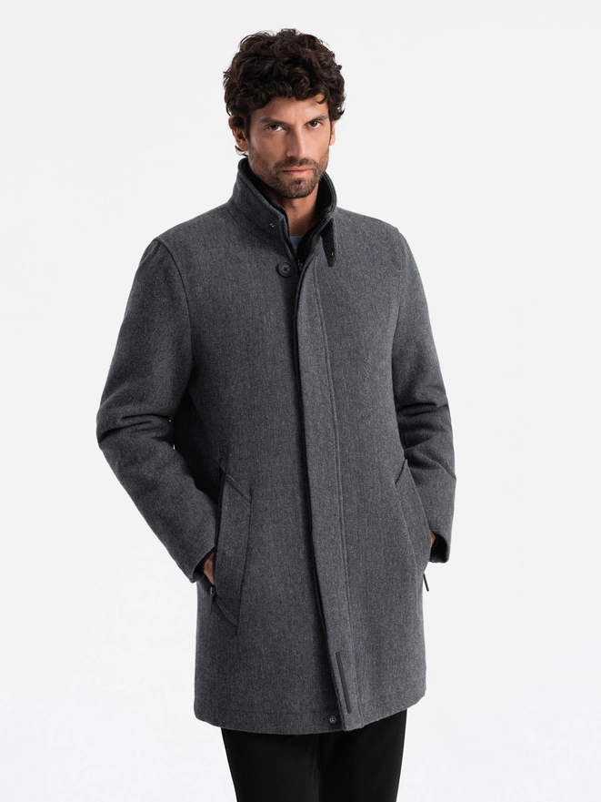 Men's winter coat with wool and quilted lining - graphite melange V1 OM-COWC-0116