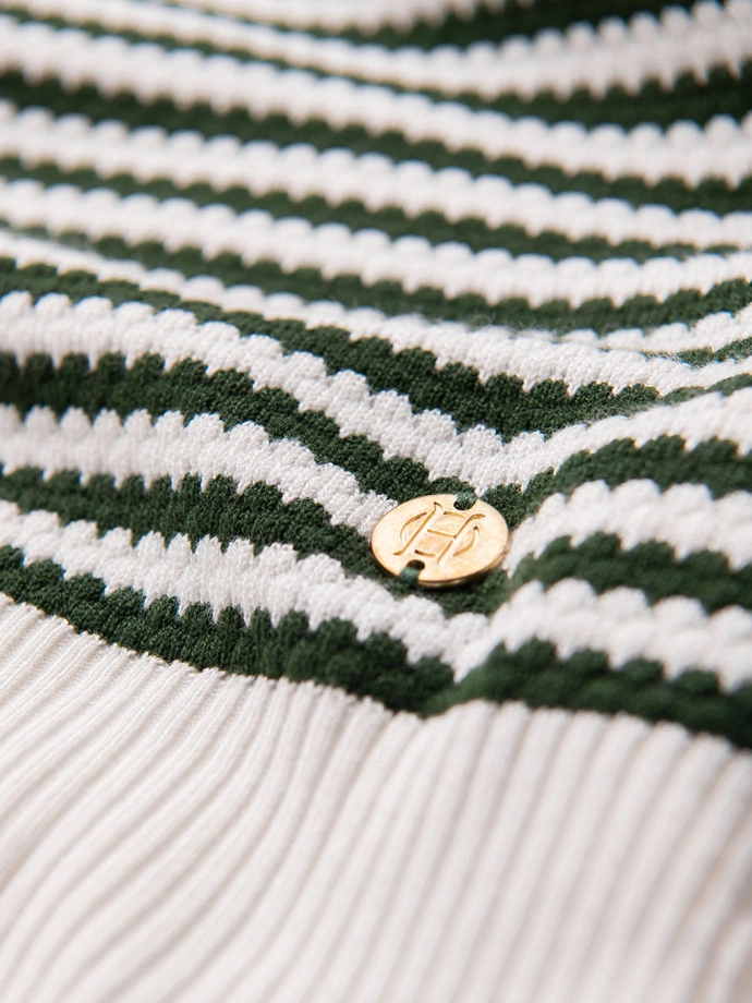 Men's knitted t-shirt with navy stripes and openwork weave - olive and white V3 OM-TSCT-0255