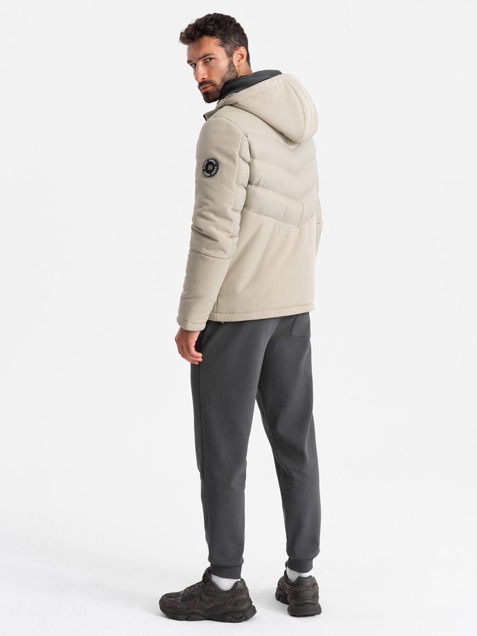 Pánská kombinovaná prošívaná bunda s vysokým límcem - béžová V4 OM-JALP-0172