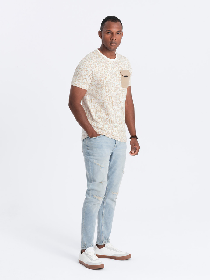Men's cotton t-shirt with letter print and pocket - cream and brown V1 OM-TSFP-0188