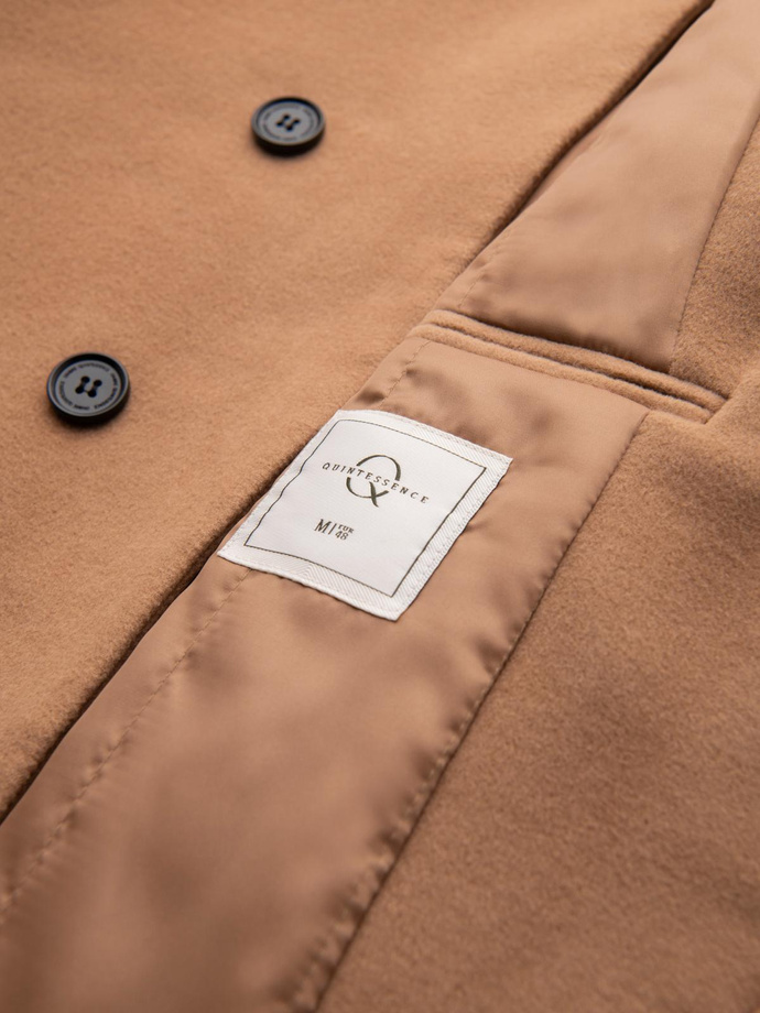 Men's coat with asymmetrical fastening and high collar - light brown V4 OM-COWC-0141