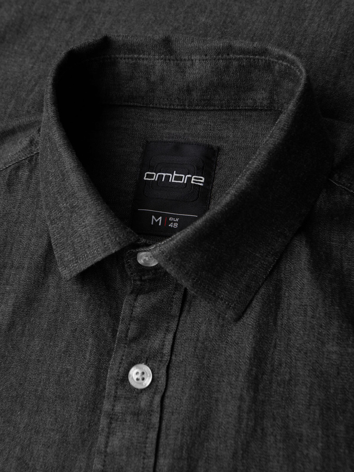 Men's denim shirt with embroidered pocket - black V2 OM-SHDS-0181