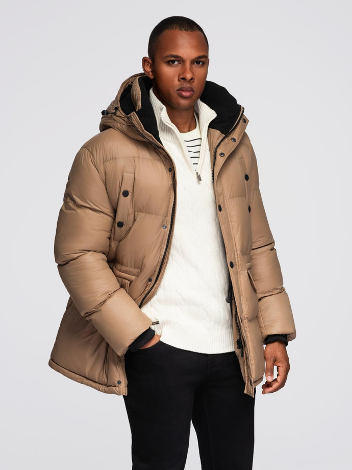 Men's long puffer jacket with snap pockets - brown V2 OM-JALJ-0186