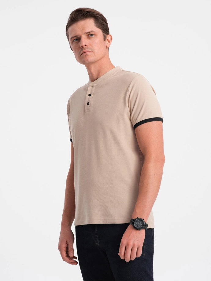 Men's collarless polo shirt - beige V5 OM-TSCT-0156