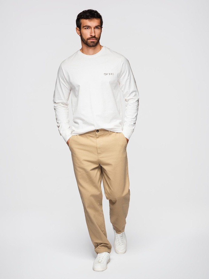 Pánské bavlněné tričko s dlouhým rukávem a lemováním a potiskem na hrudi - broken white V3 OM-LSCL-0127