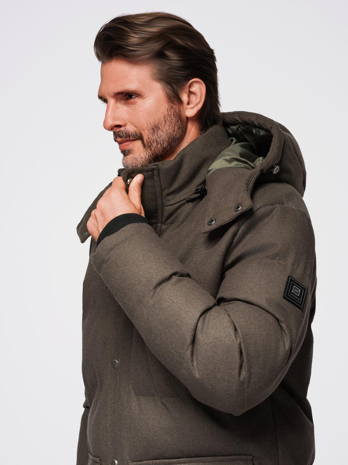 Men's long warm parka jacket with wool - dark grey melange V4 OM-JALJ-0217