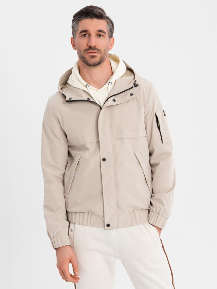Functional men's transitional jacket with hood - beige V3 OM-JANP-0225